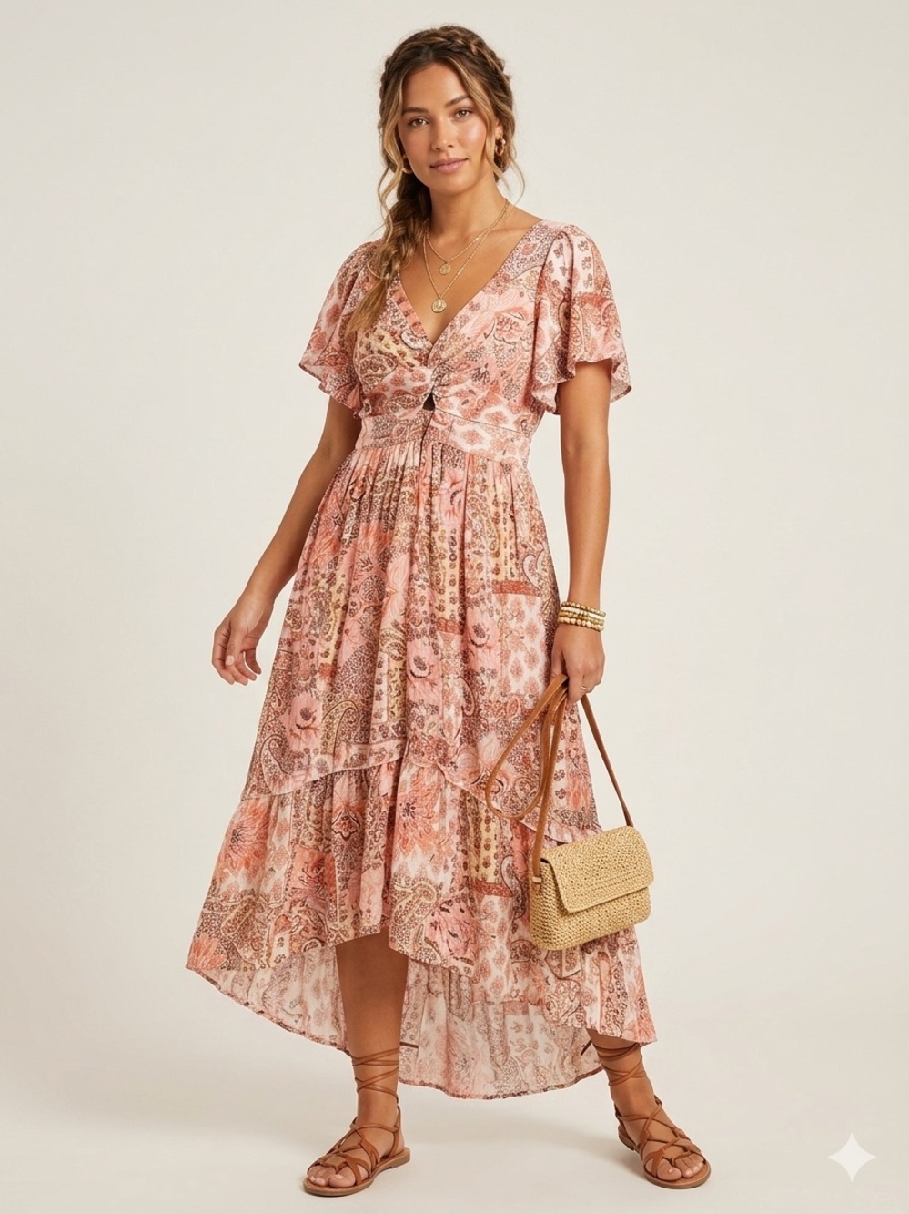 Angie Boho Pink Paisley High Low Maxi Dress Romantic Cottagecore Festival LARGE